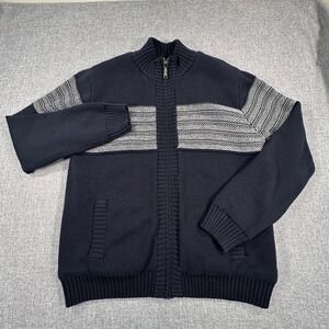 Garret Scott Full Zip Sweater Men XL Navy Blue Sherpa Lined Striped Knit Shacket